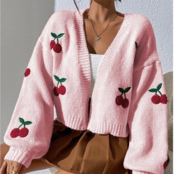 Sweaters - Pink Cherry Embroidery Lantern Sleeve Cardigan